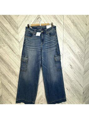 American Eagle Dreamy Drape Super High-Rise Baggy Wide Leg Cargo Jeans Size 10